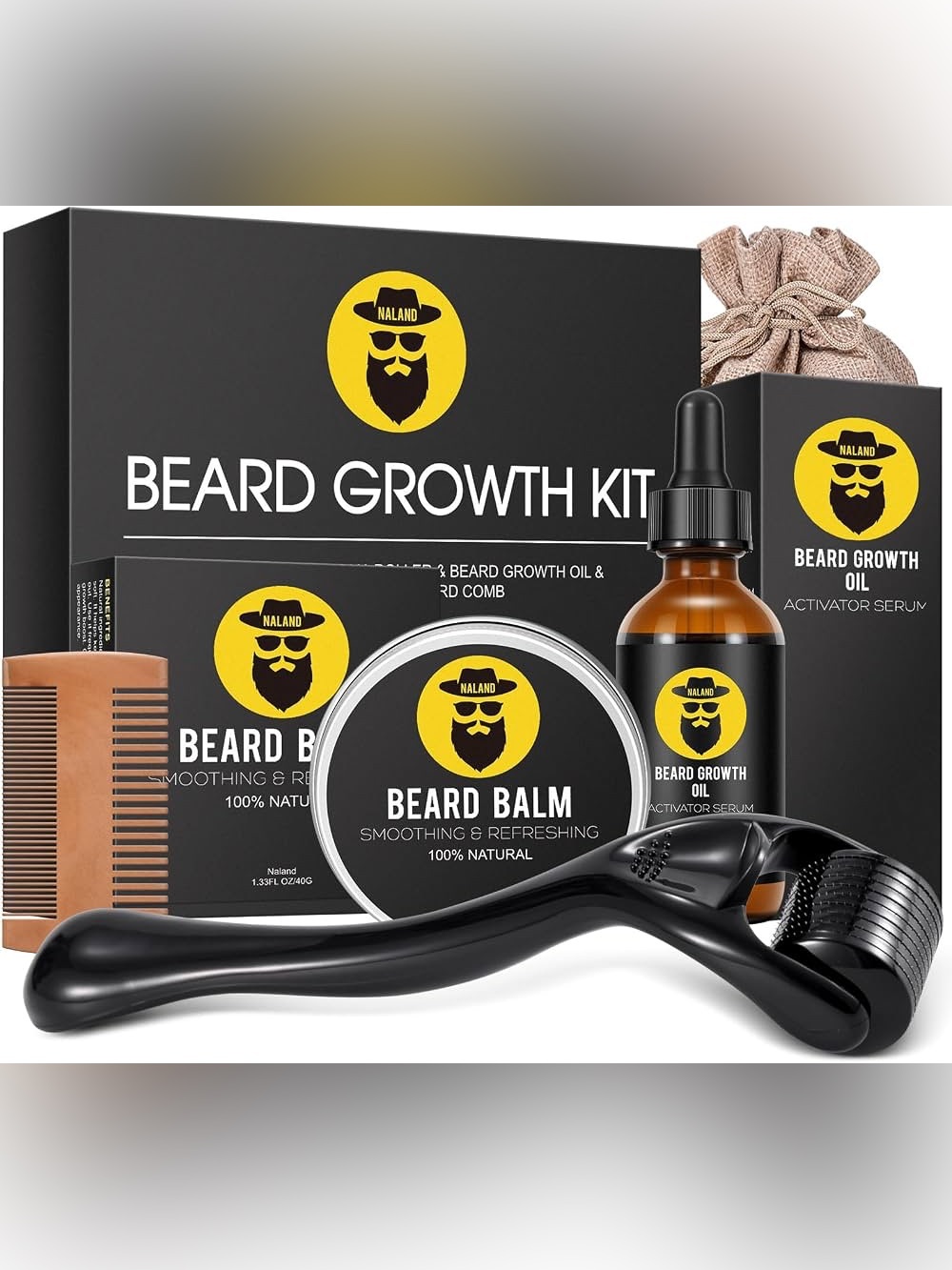 Naland Beard Growth Kit Oil Balm Titanium Derma Roller & Wooden Comb New
